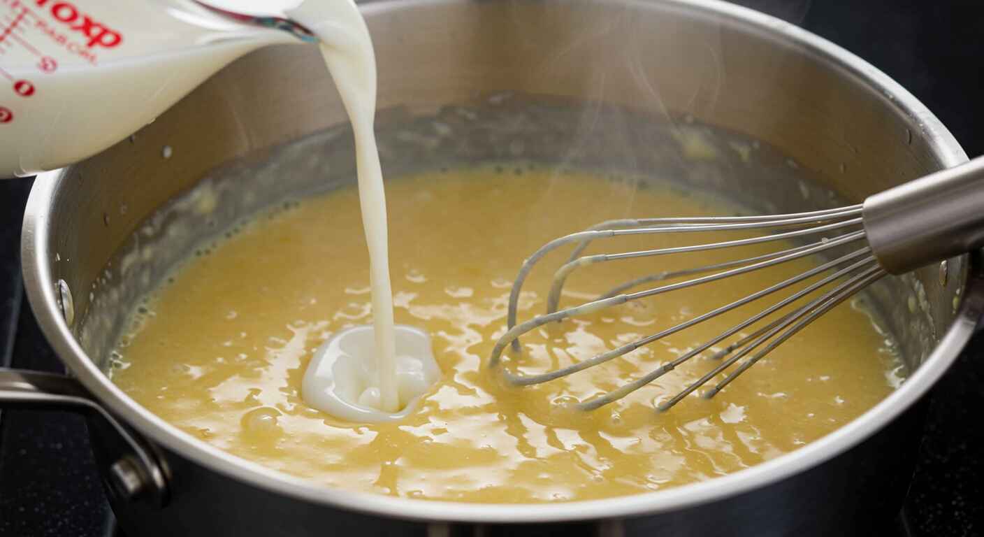 Pouring milk into roux for Hello Fresh cream sauce base recipe
