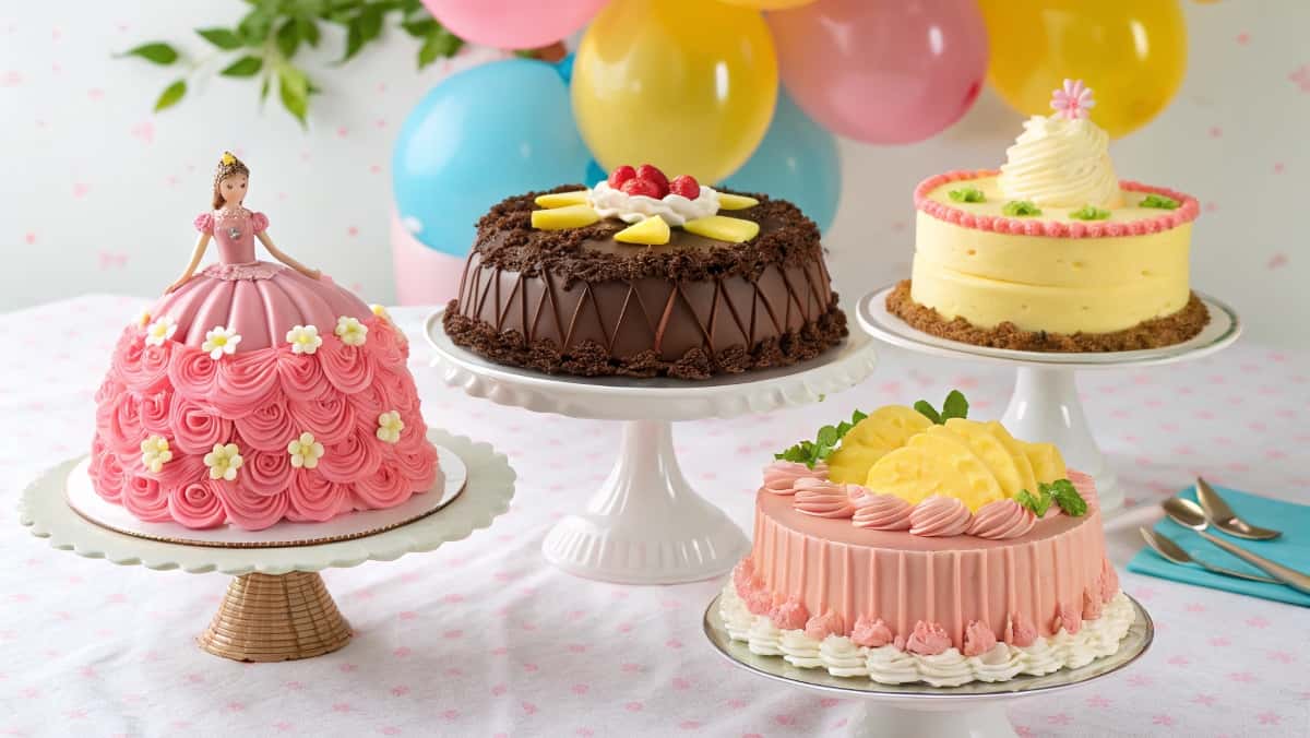 A tiered stand displaying a pink Barbie cake with fondant flowers, a chocolate cake with cream cheese frosting, and a pineapple cake with whipped cream, set in a festive party scene with balloons.