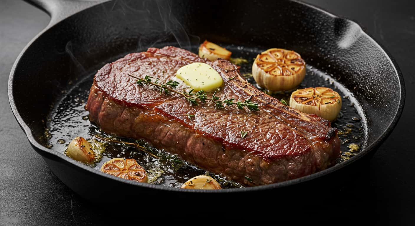 NY strip steak sizzling in a cast-iron skillet with butter, garlic, and rosemary
