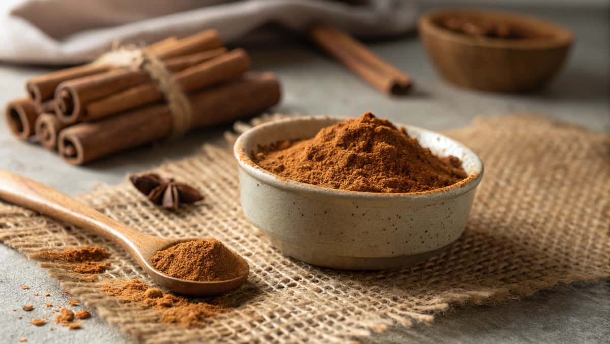 A close-up of ground Ceylon cinnamon in a ceramic bowl with whole cinnamon sticks and a wooden spoon, set against a rustic burlap background with blurred baking ingredients.
