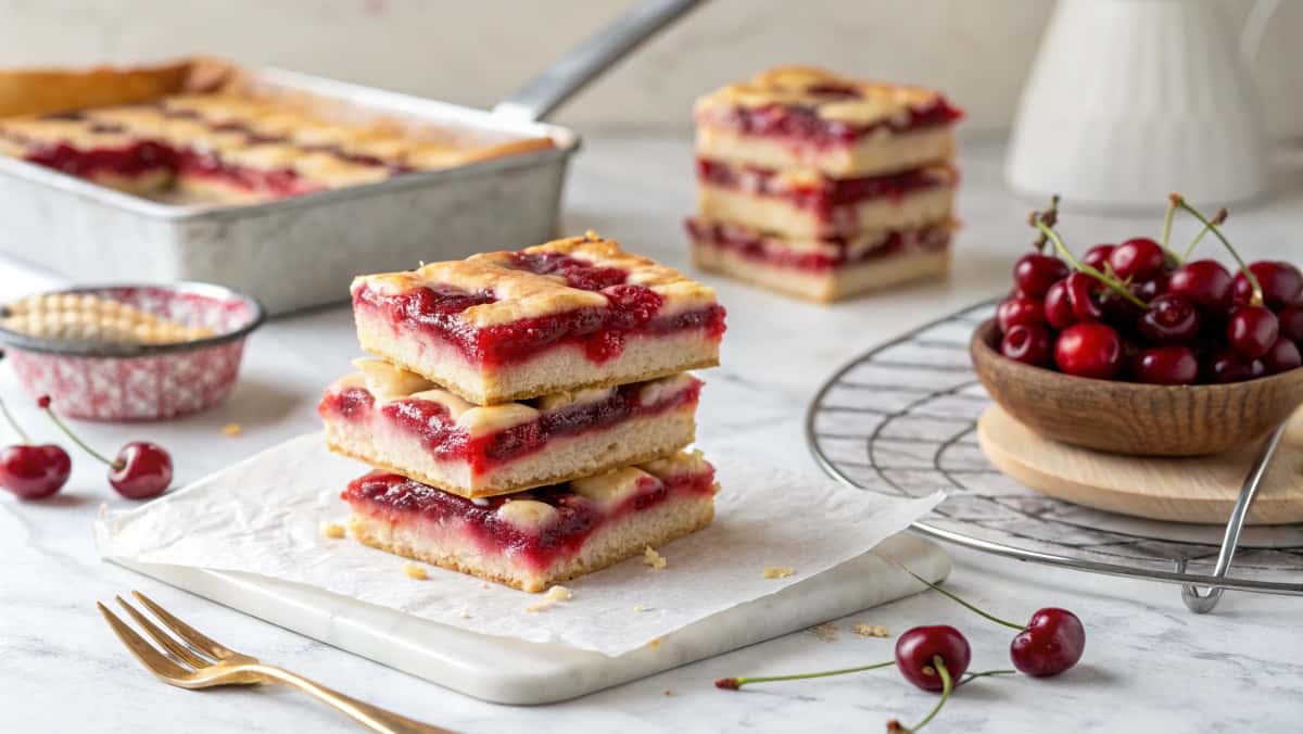A stack of cherry pie bars with a vibrant red filling and buttery crust, drizzled with glaze, on a marble countertop with fresh cherries and a pie tin in the background.