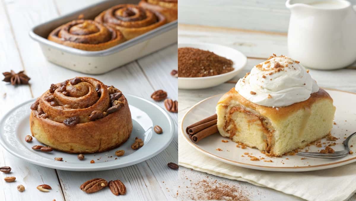 A split-screen image showing a caramel-glazed cinnamon bun with pecans on a vintage plate and a fluffy cinnamon roll with cream cheese frosting on a modern white plate, set on a wooden table.
