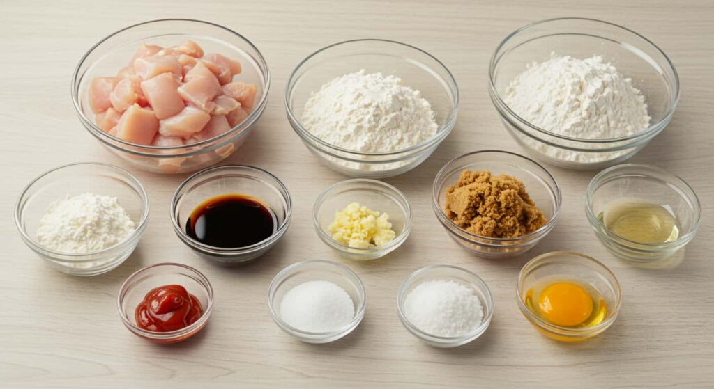 Raw ingredients for crispy sesame chicken recipe arranged on a kitchen counter