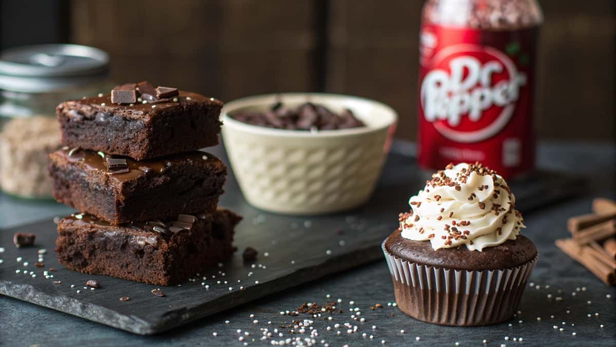 Fudgy Dr Pepper brownies stacked on a slate board next to a cupcake with fluffy Cool Whip pudding frosting, with a Dr Pepper can and frosting bowl in the blurred background.