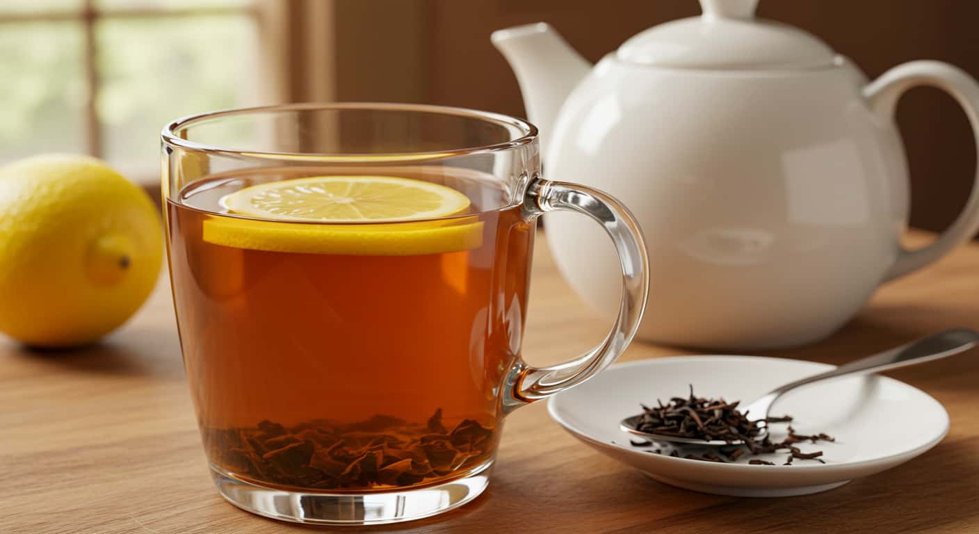 Freshly brewed Earl Grey tea with lemon and loose leaves