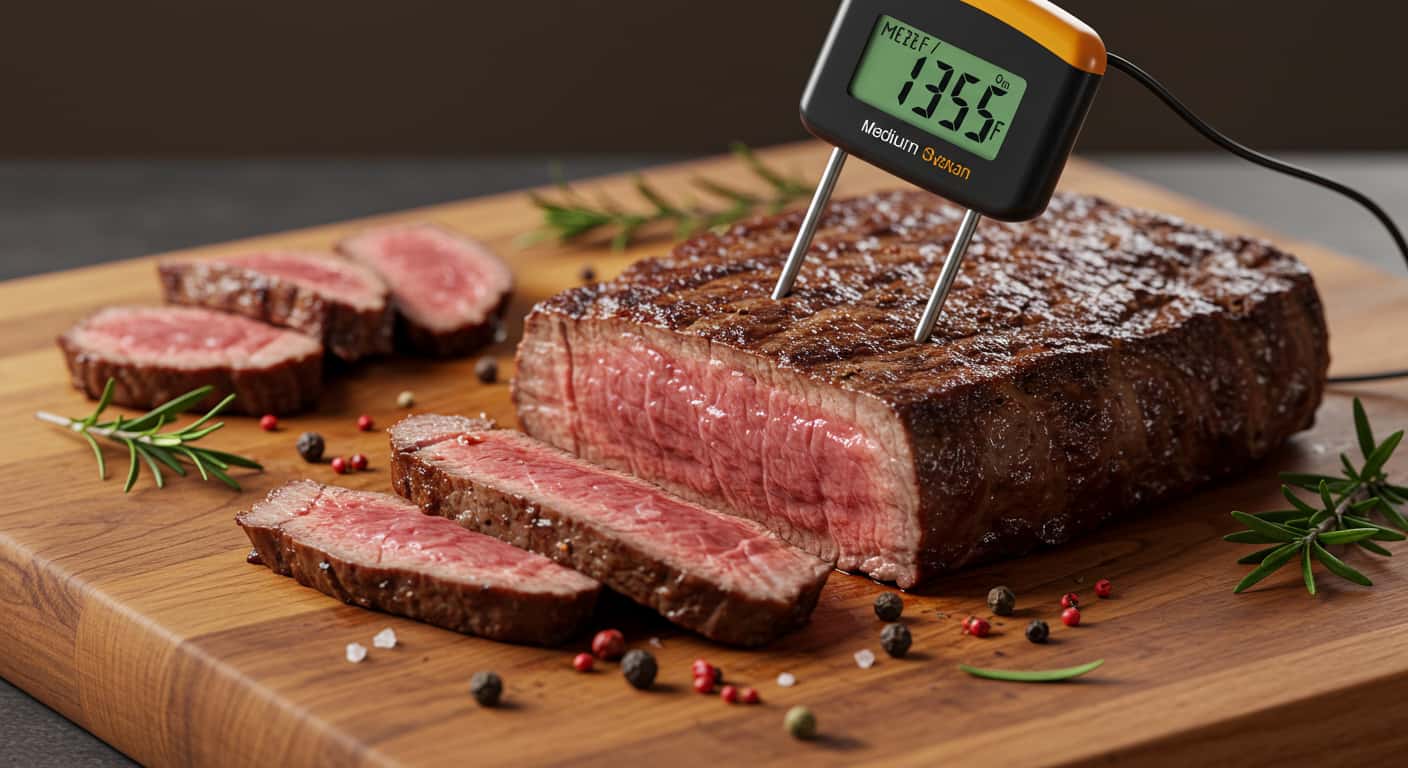 Steak thermometer reading medium-rare next to sliced steak