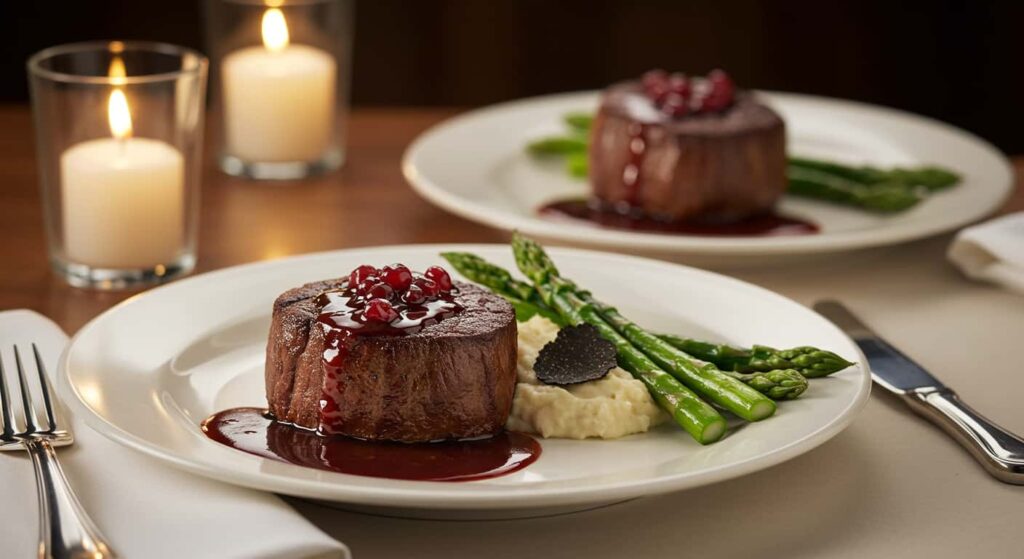 Filet mignon steaks grilled and plated with asparagus and wine sauce
