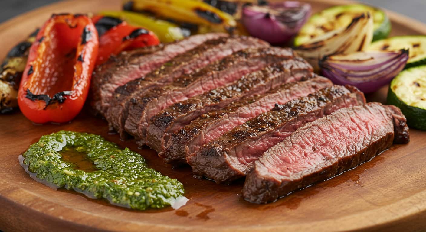 Sliced flank steak with chimichurri sauce on a rustic board