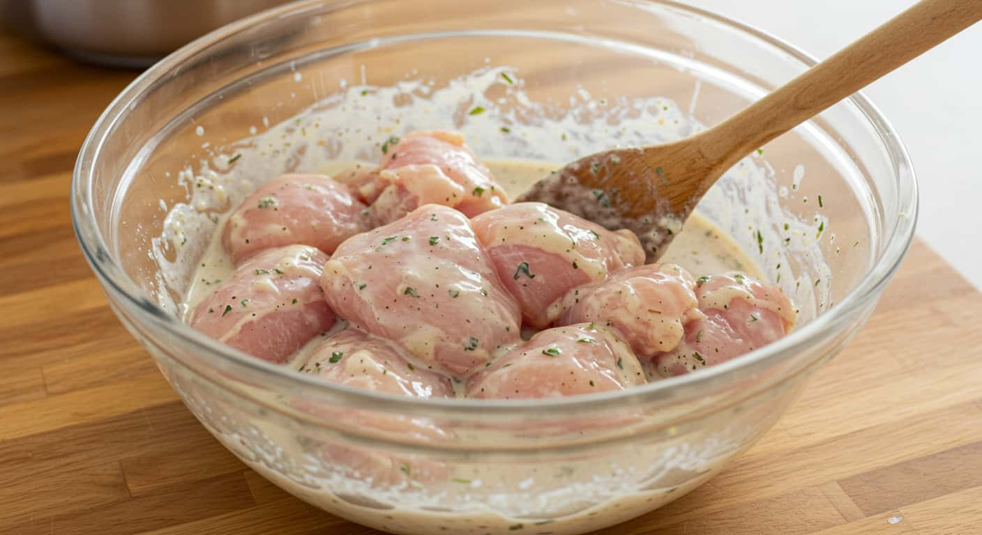 Chicken pieces marinating in coconut milk marinade for grilled Thai coconut chicken skewers