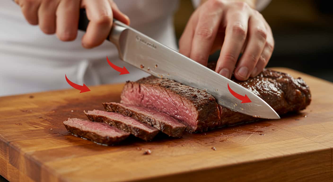 Chef slicing flank steak across the grain on a cutting board