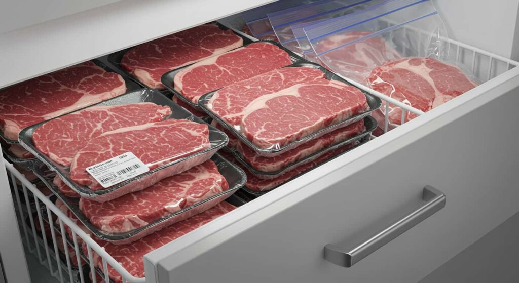 Raw steaks wrapped for freezing with labeled dates