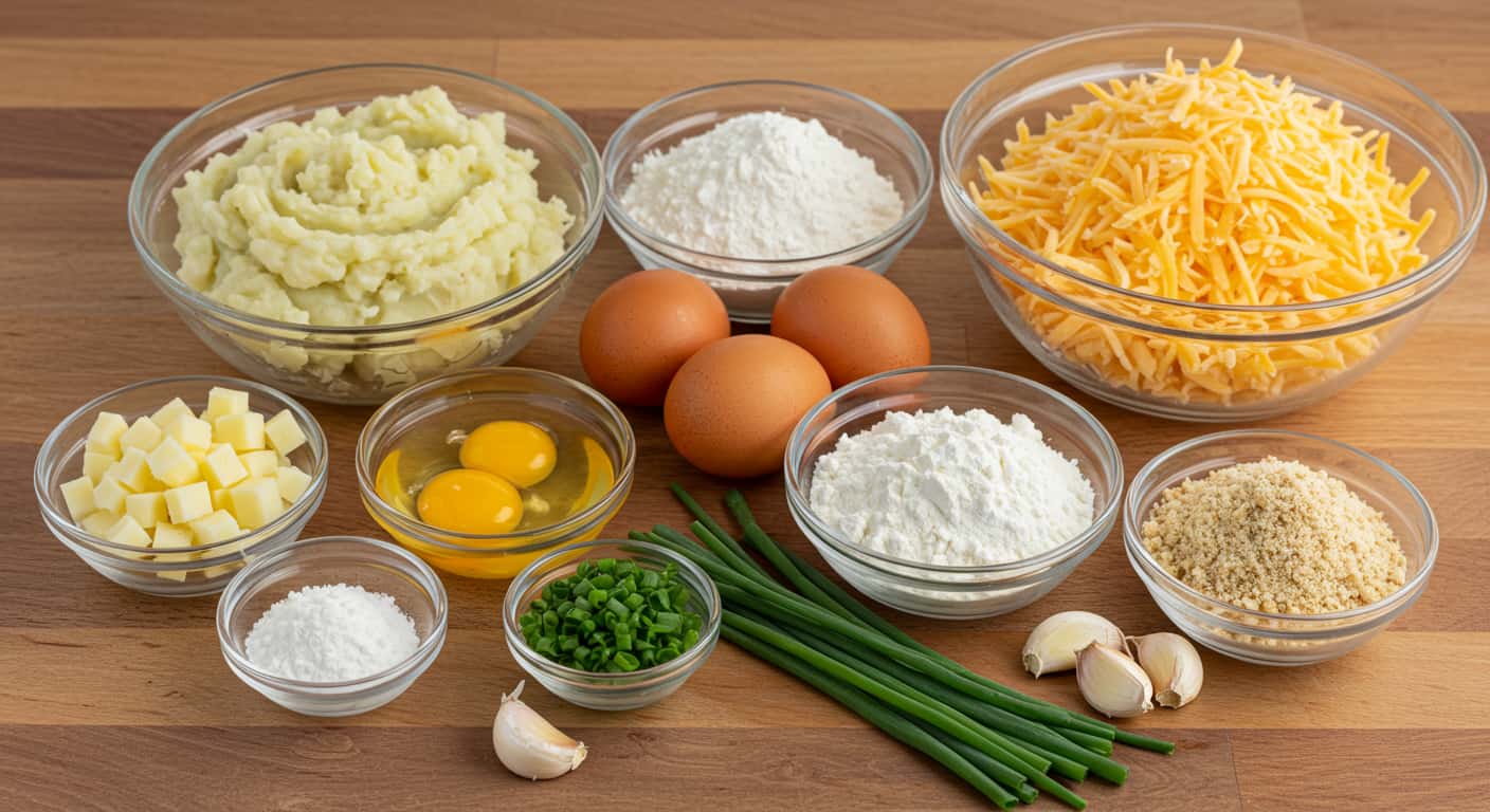 Mashed Potato Cheese Puff Ingredients On Rustic Counter