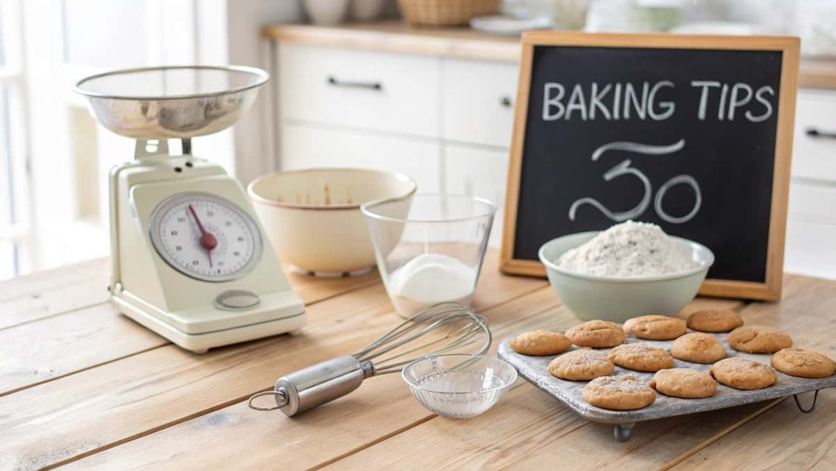 A bright baking workspace with a kitchen scale, measuring cups, and a mixing bowl on a wooden table, with a cake and cookies cooling on a rack and a chalkboard listing baking tips.