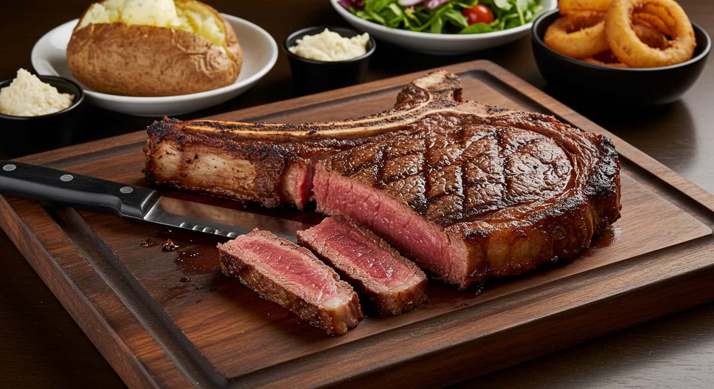 Grilled porterhouse steak with visible tenderloin and strip sides