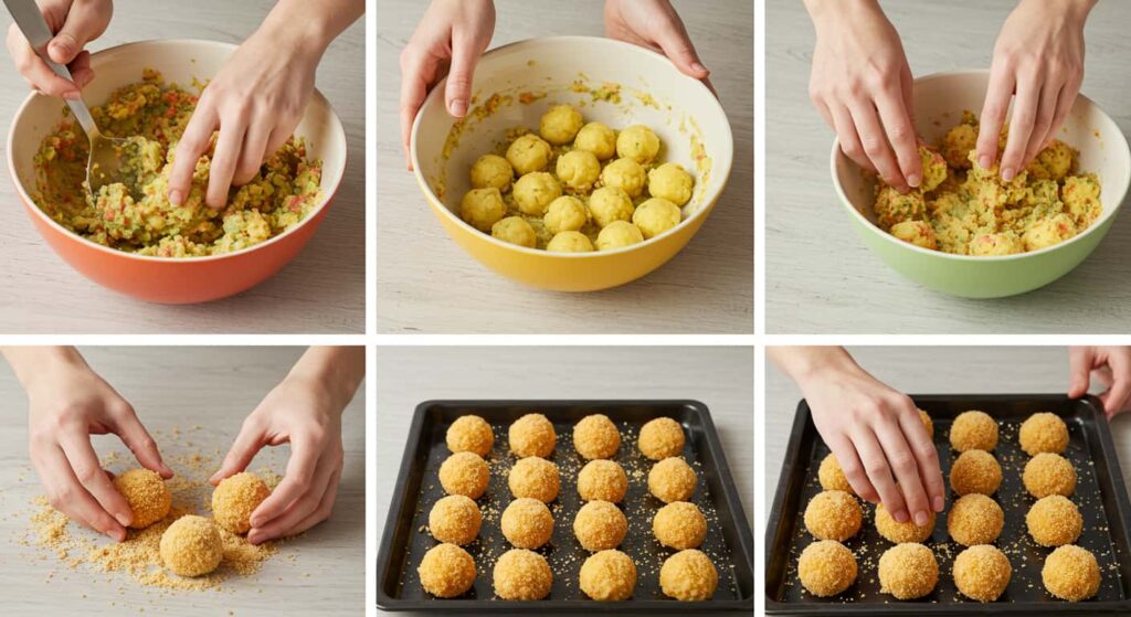 llustrated hands mixing ingredients, shaping potato balls, coating with bread crumbs, and placing on tray