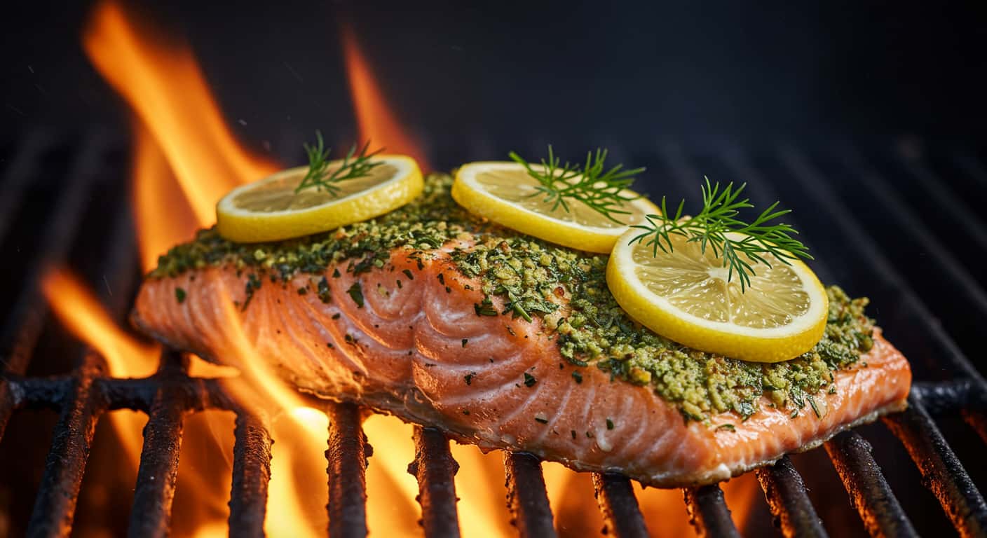 Salmon fillet grilled on cedar plank with herbs and lemon on outdoor BBQ.