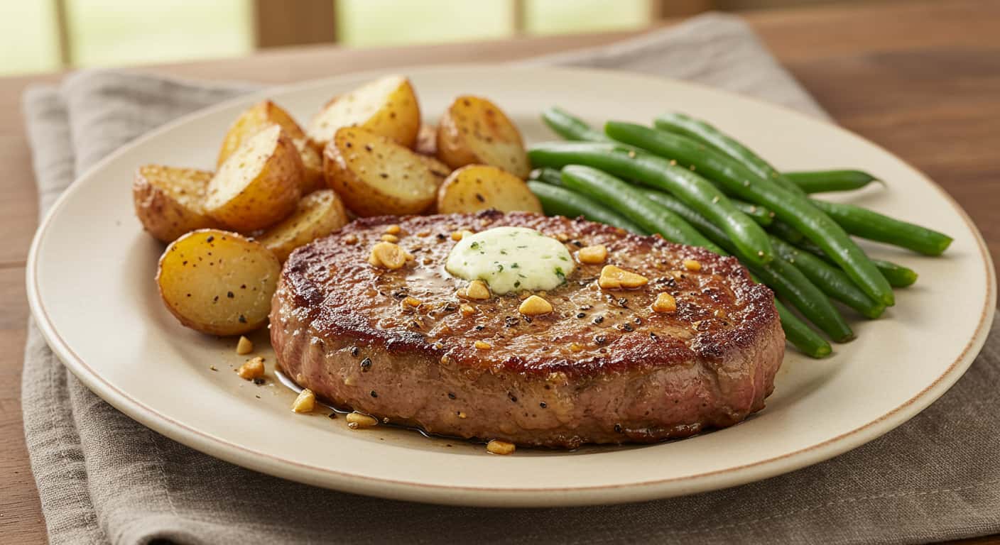 Pan-seared sirloin steak topped with garlic herb butter