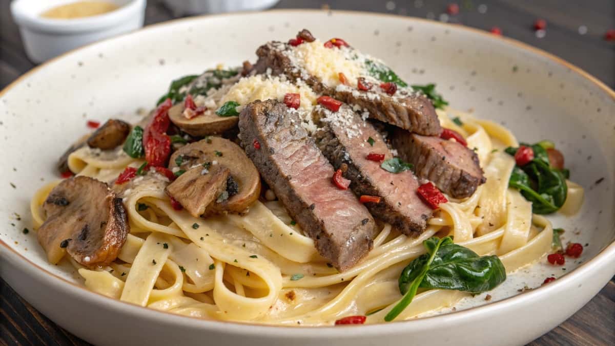Creamy mushroom steak pasta with spinach and parmesan in a white bowl