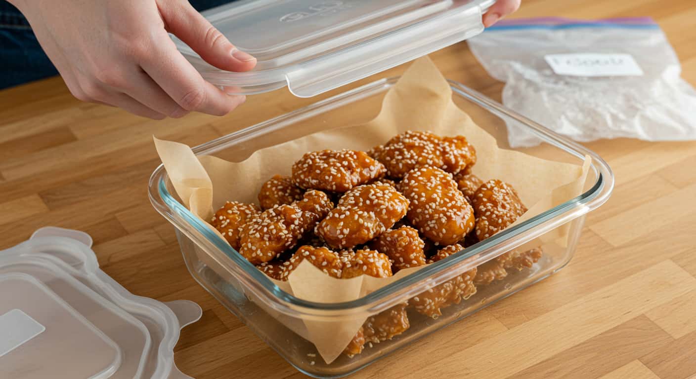 Hands placing cooked sesame chicken into a glass container for storage