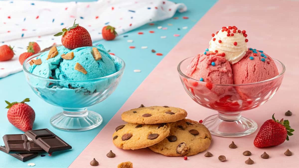 Two bowls of ice cream: strawberry shortcake ice cream with strawberry chunks and shortcake pieces, and blue Cookie Monster ice cream with cookie chunks, set in a playful ice cream parlor.