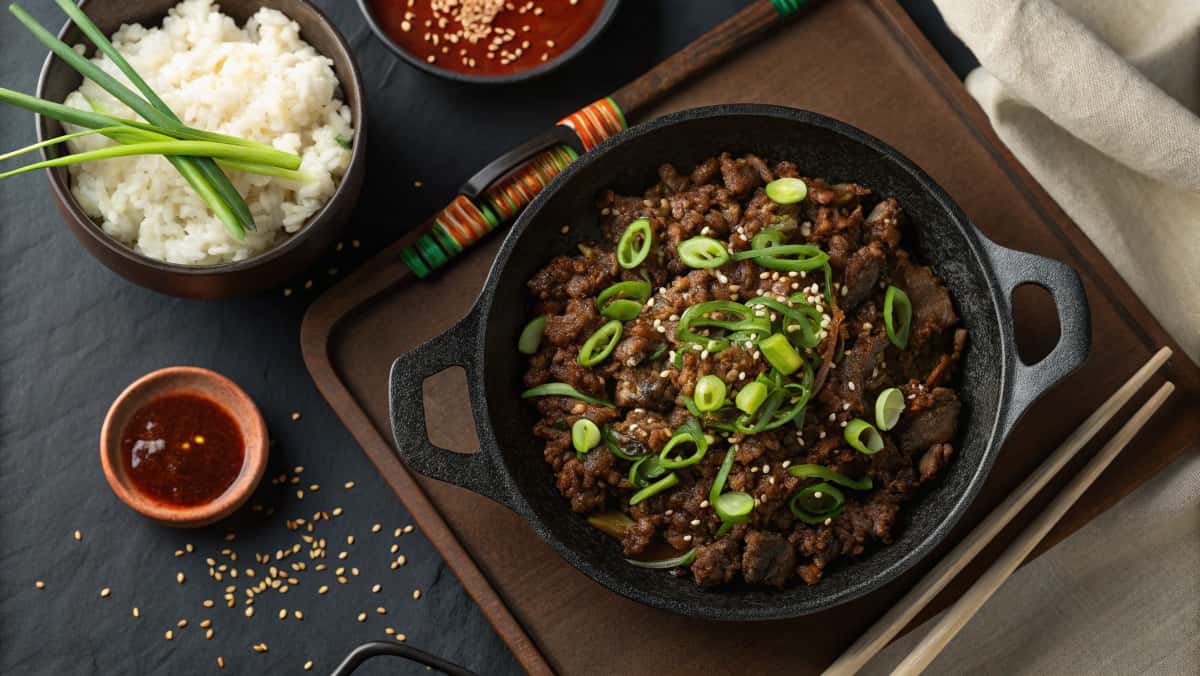 A Sizzling Skillet Of Ground Beef Bulgogi With Ses T9fhemis