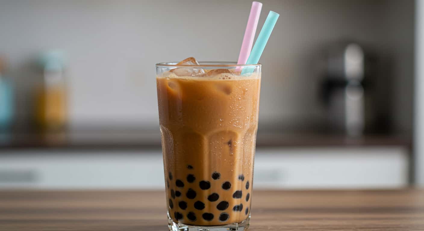 Homemade bubble tea with tapioca pearls and wide straw