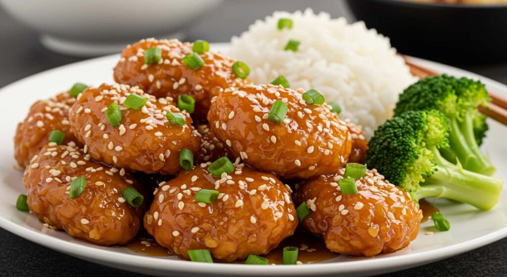 Final dish of crispy sesame chicken served on a plate with garnishes