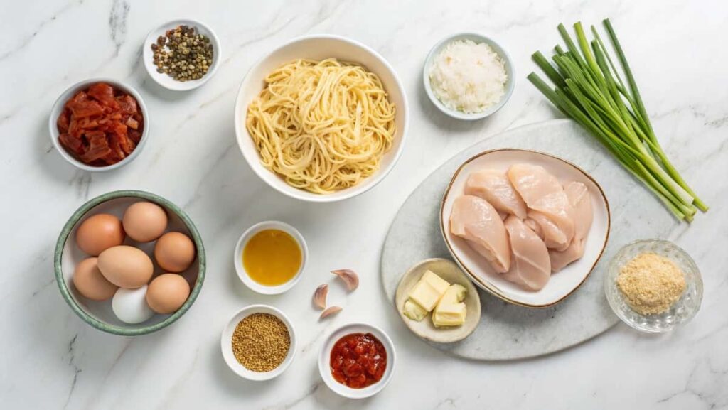 All fresh ingredients for fiery chicken ramen with creamy garlic sauce arranged on marble surface including chicken, noodles, and spices