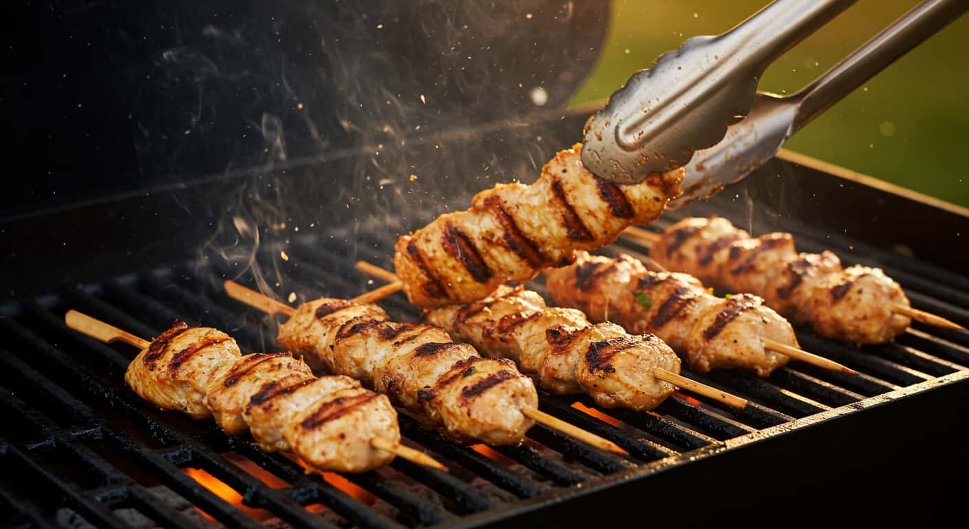 Grilled Thai coconut chicken skewers cooking on hot grill with char marks and flames
