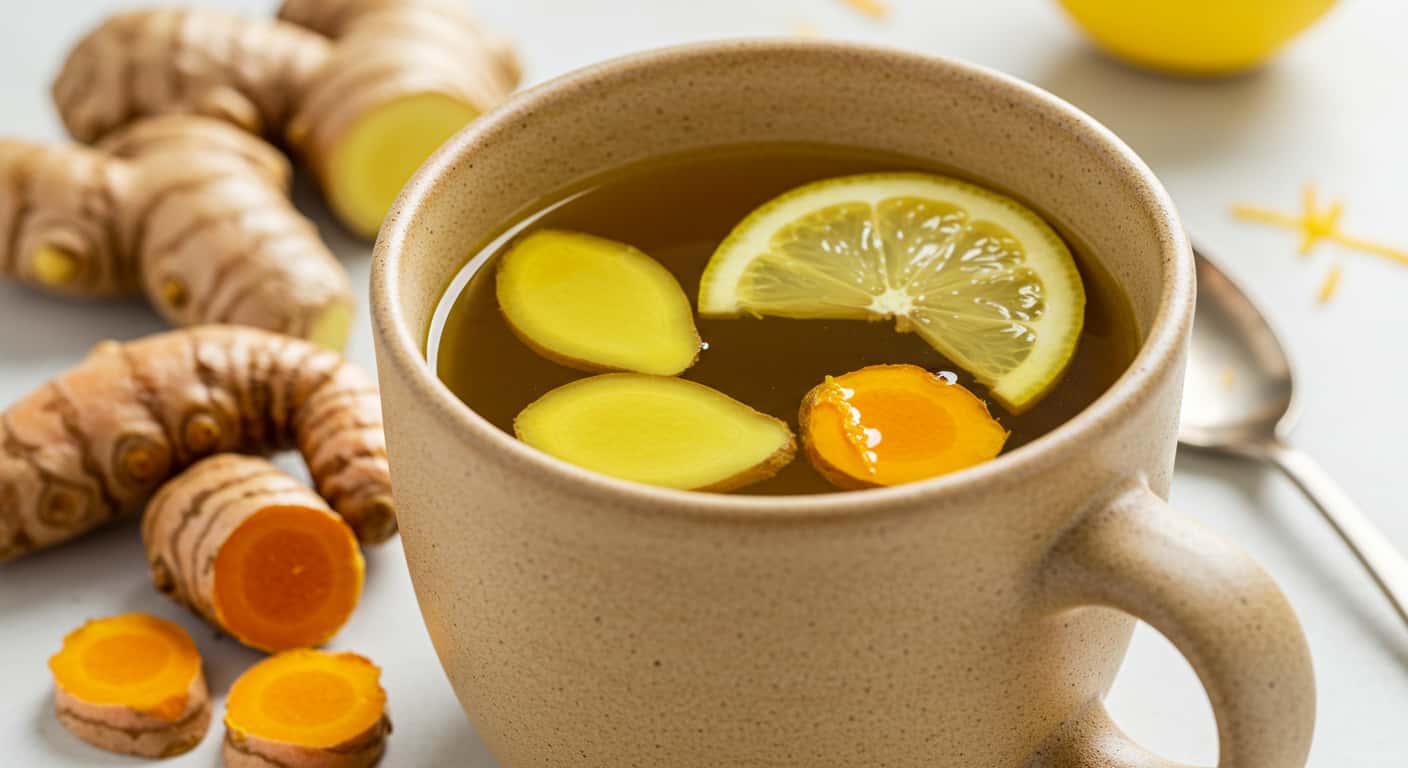 Detox tea with ginger, turmeric, and lemon slices in a ceramic cup