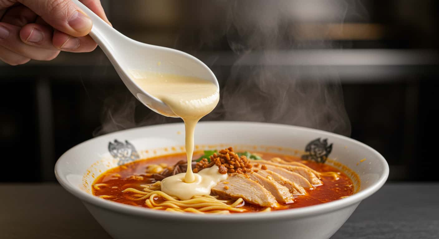 Step-by-step cooking photo showing creamy garlic sauce being drizzled into fiery chicken ramen bowl