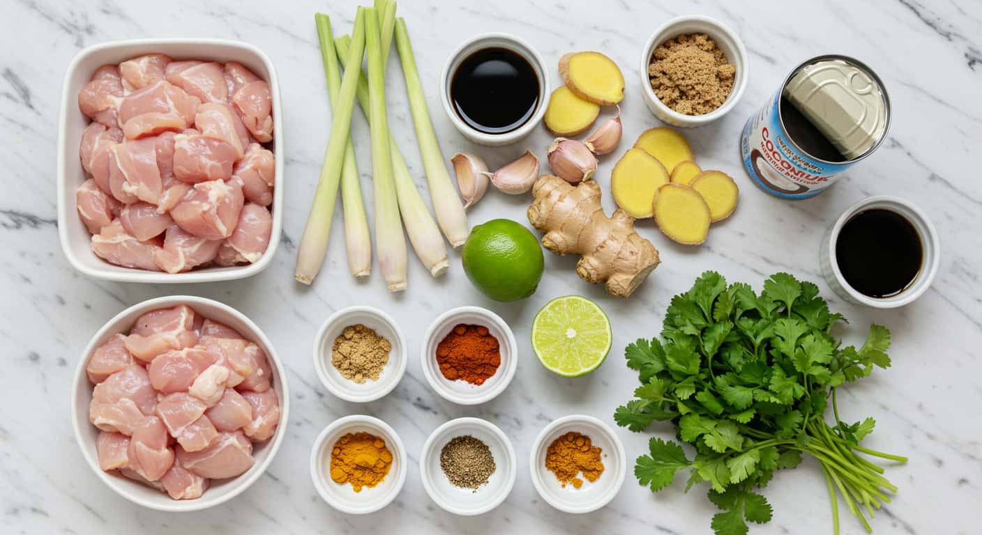 All ingredients for grilled Thai coconut chicken skewers laid out including chicken, coconut milk, lemongrass, and Thai spices