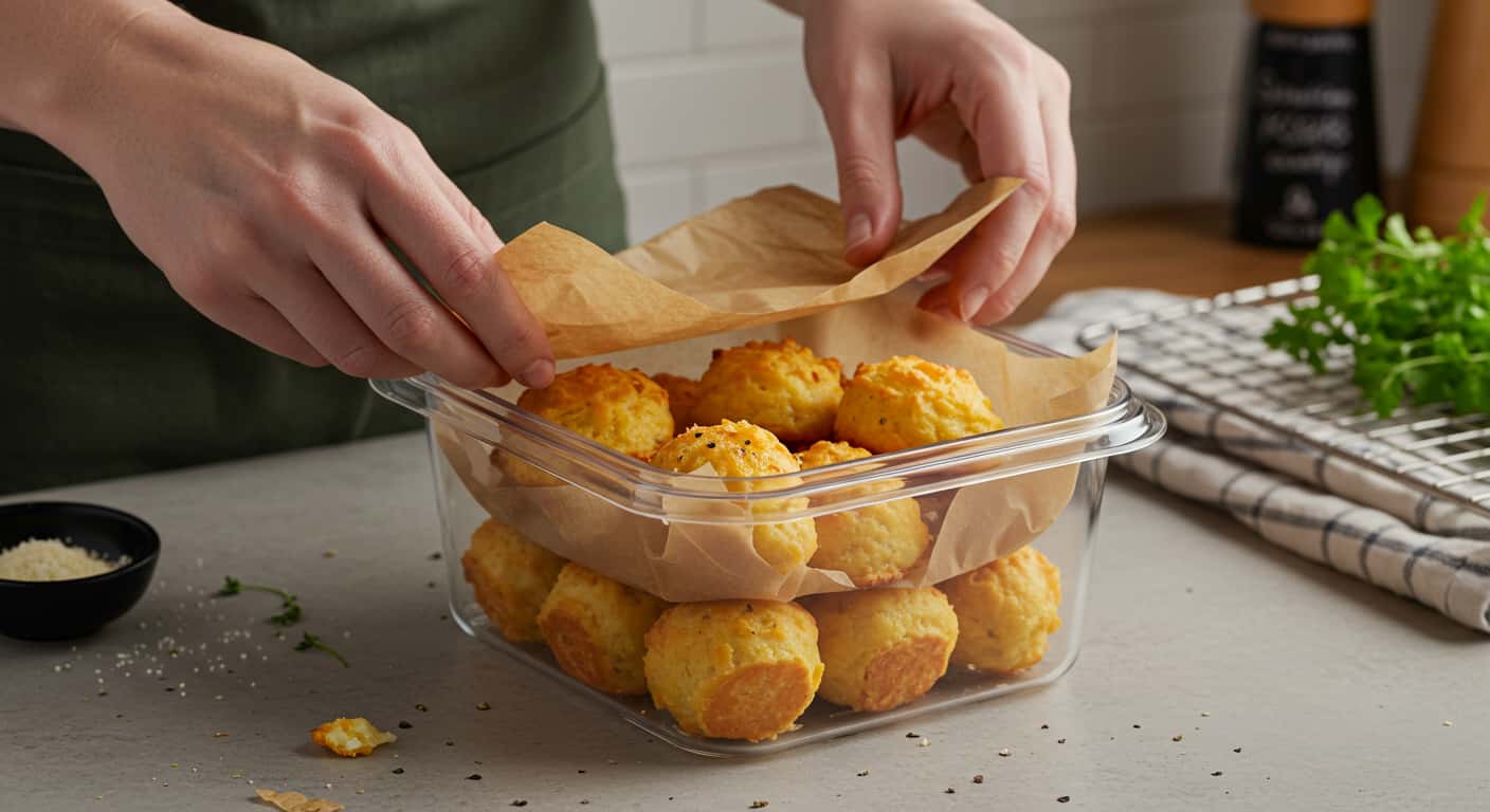 Hands placing crispy mashed potato cheese puffs into an airtight container on a kitchen counter