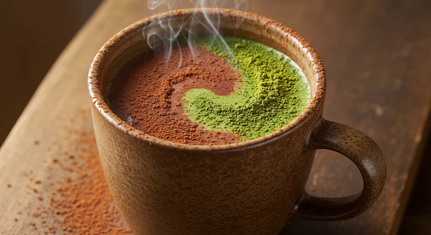 Matcha chocolate tea with cocoa and matcha dusted on the surface