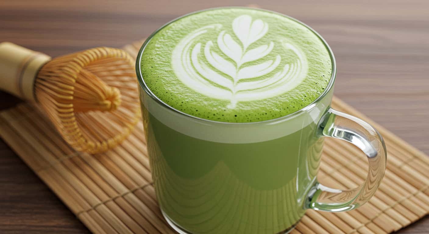 Matcha milk tea with bamboo whisk and vibrant green foam