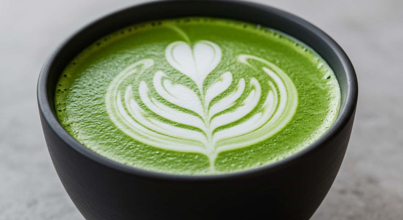 Matcha Ninja Latte in a dark ceramic cup with intense green color