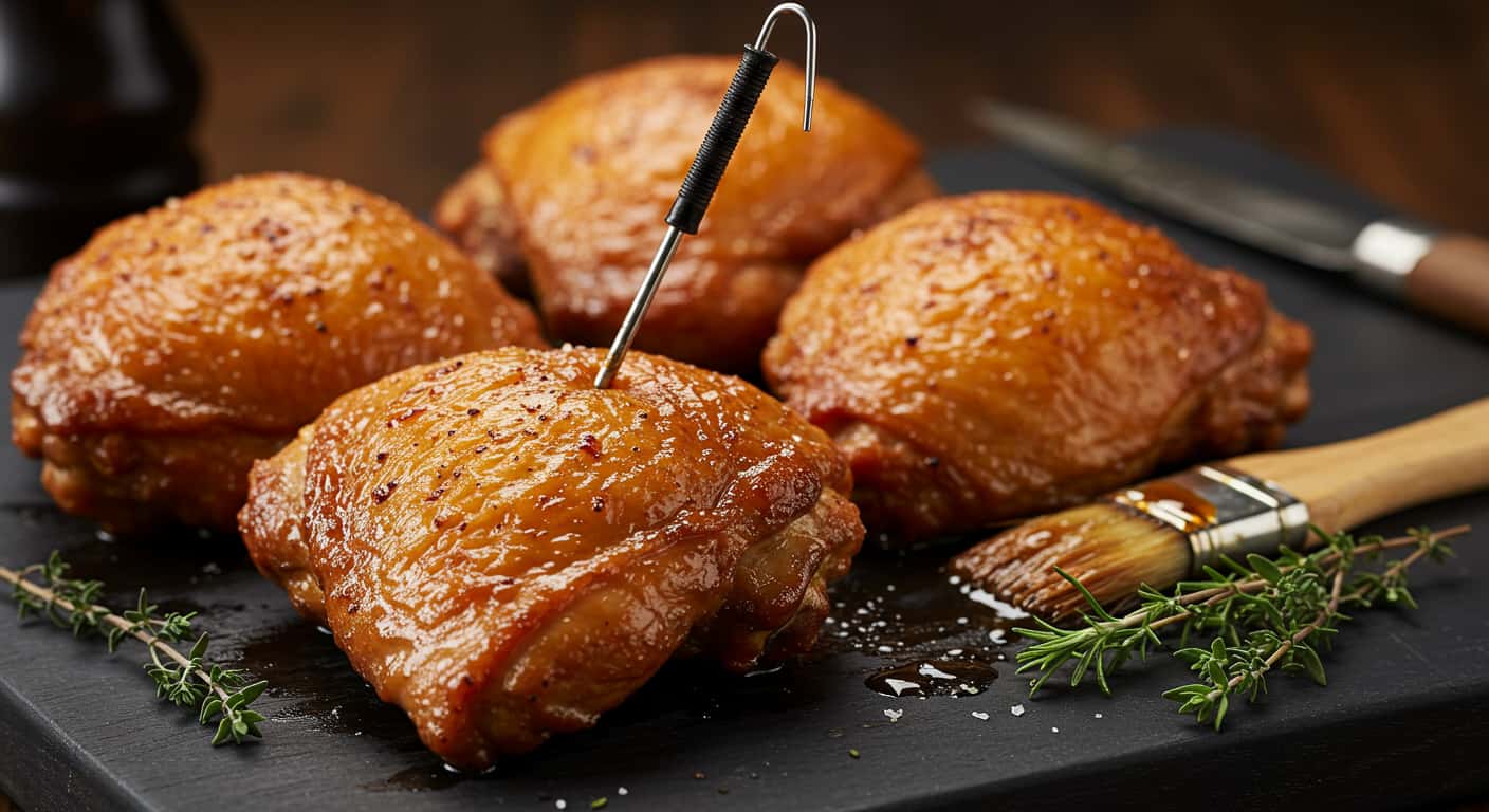 Smoked chicken thighs with BBQ glaze and thermometer, served hot from the smoker.
