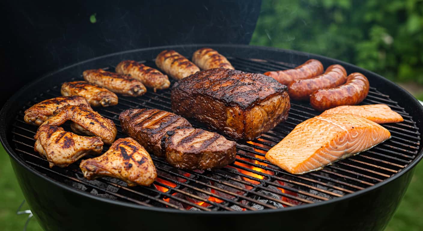 Assorted fast-cooking meats on a smoker grate labeled with a 3-hour timer concept.