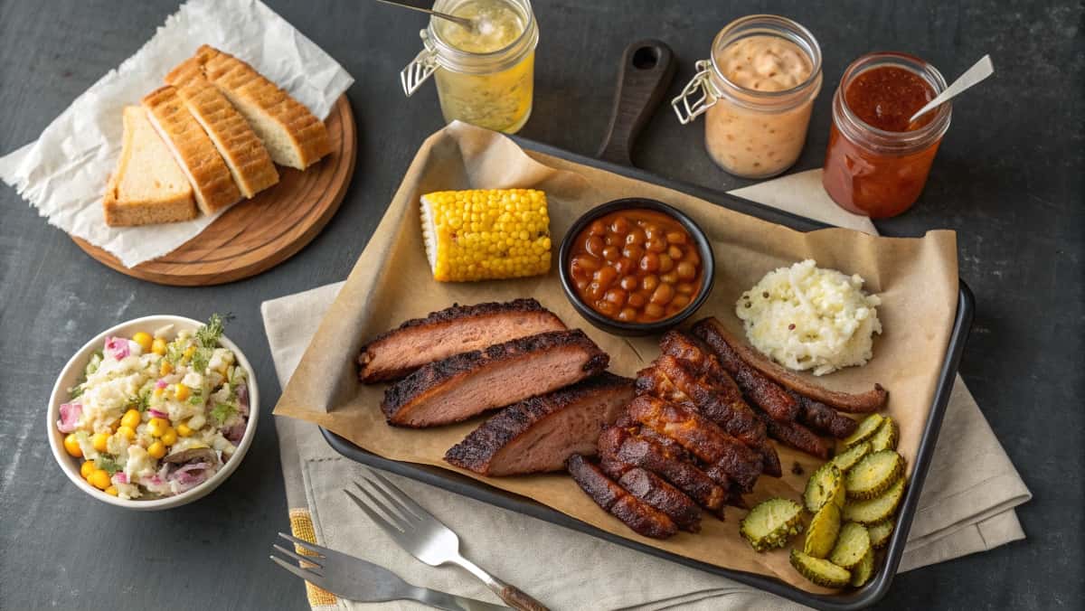 Smoked meat platter surrounded by colorful side dishes and drinks for perfect BBQ pairings.
