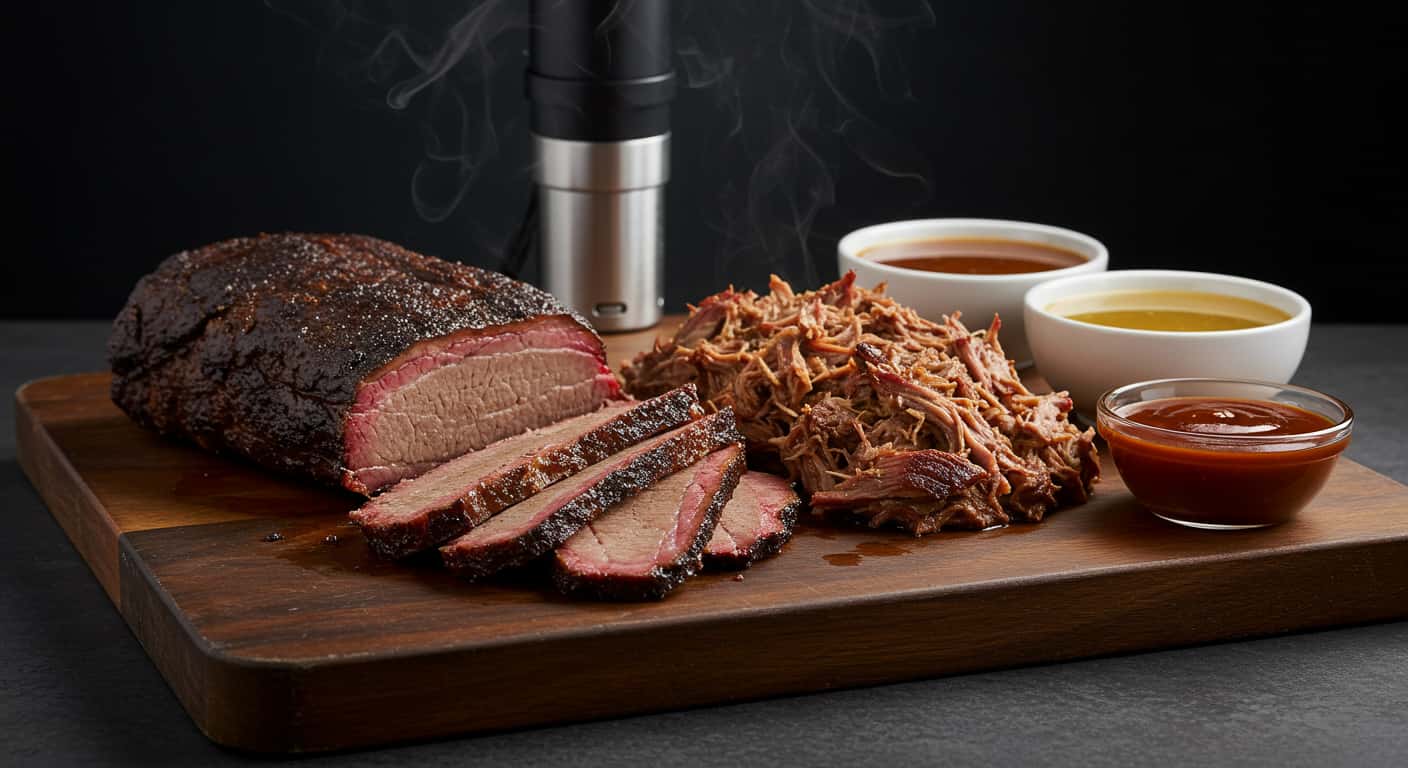 Pre-packaged smoked meats being reheated and served with sauces and moisture tips.