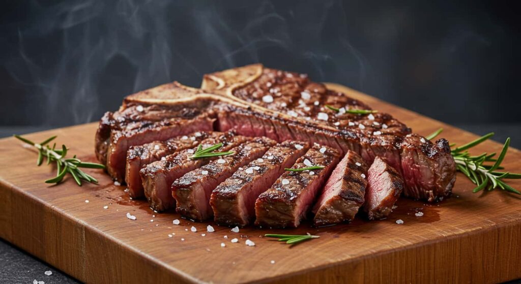 Steak T Bone Grilled with sear marks on a wooden board, served medium-rare with rosemary and salt