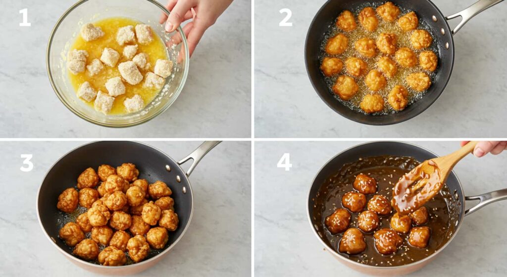 Illustrated steps of frying chicken and mixing sesame sauce in a visual recipe guide