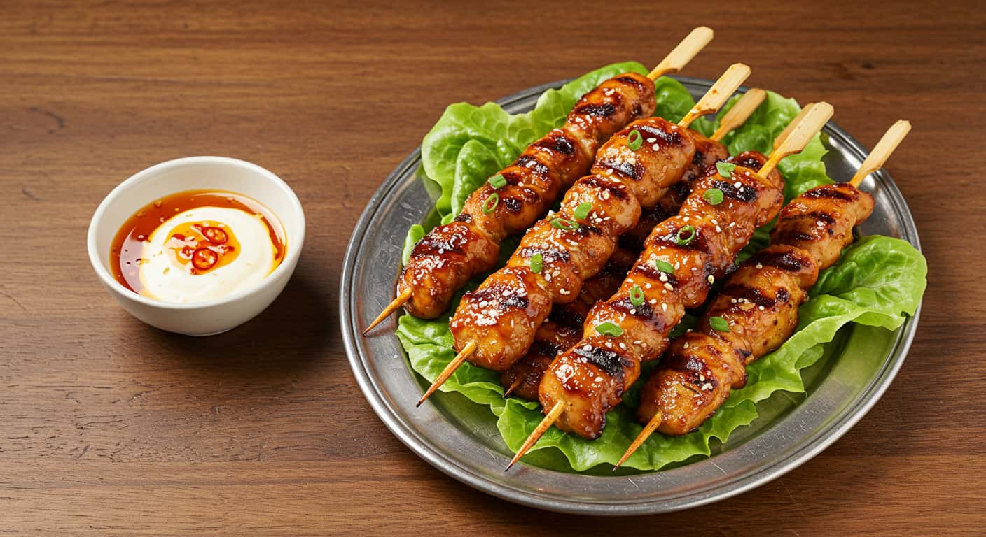 Grilled Thai coconut chicken skewers served with Thai cucumber salad, jasmine rice, and dipping sauces